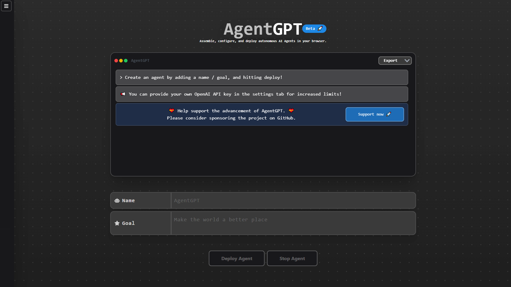 Captura de pantalla versión beta de AutoGPT o AgentGPT