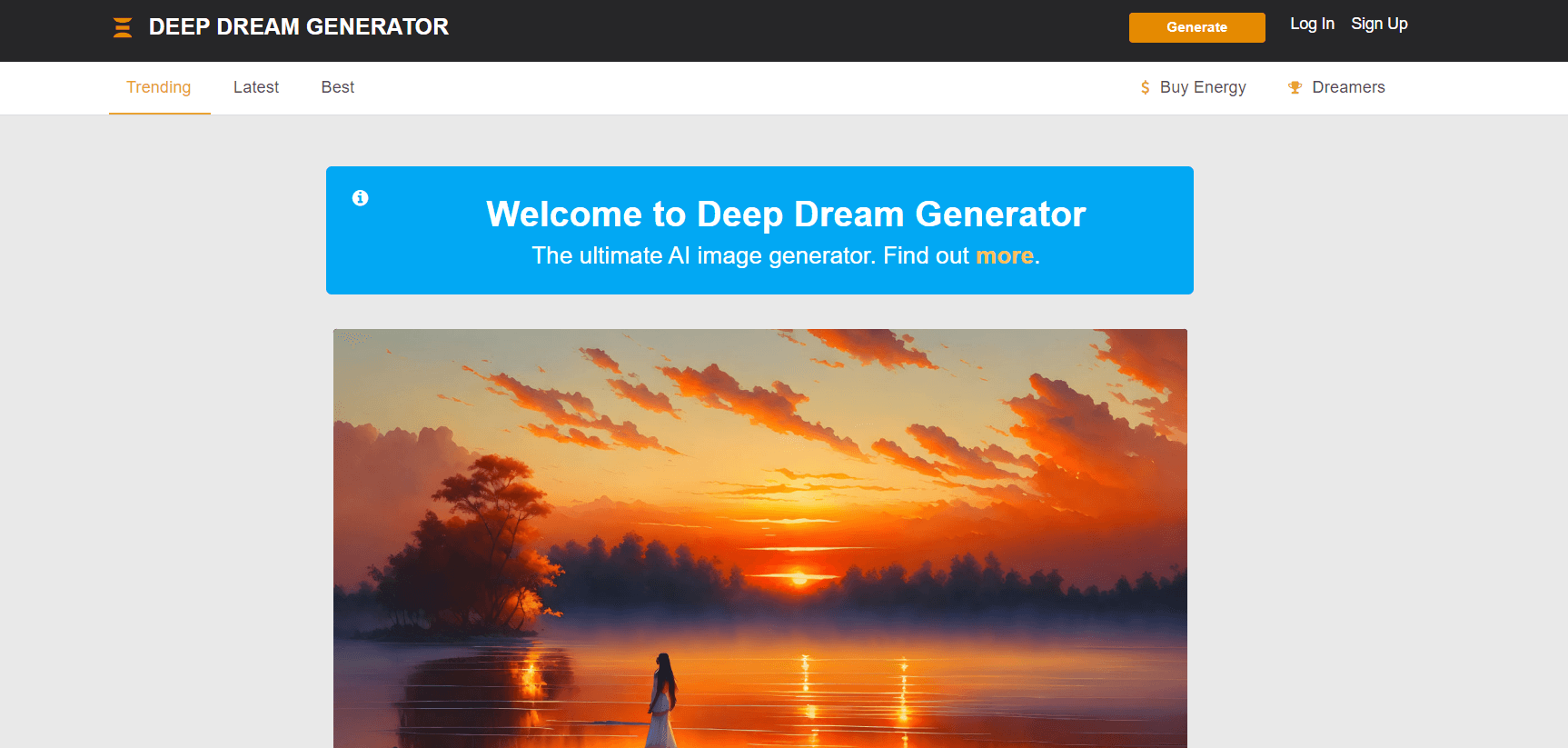 Captura de pantalla del sitio web de IA de DeepDreamGenerator